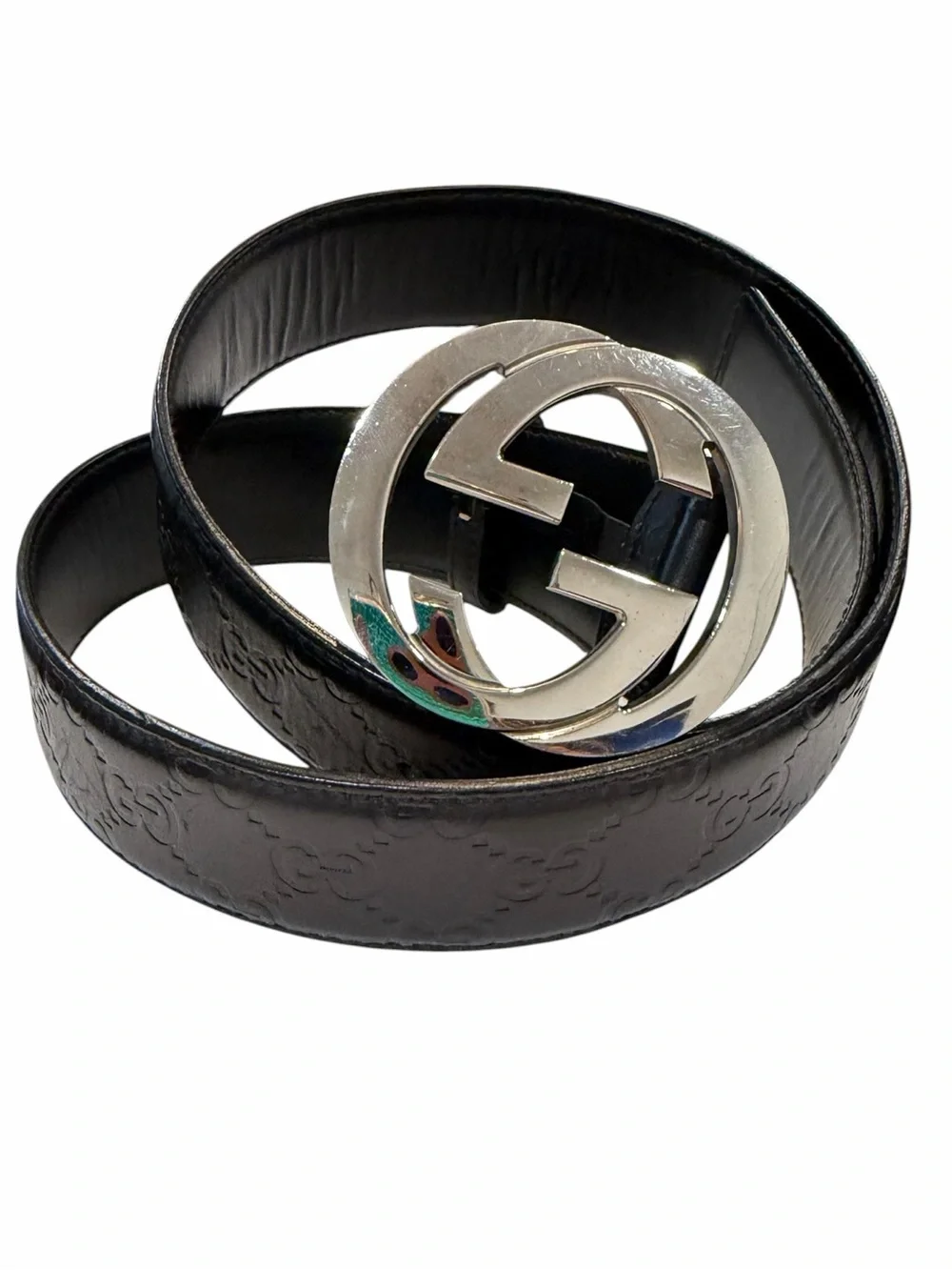 Gucci Black Leather GG Embossed Belt with Silver Interlocking G Buckle